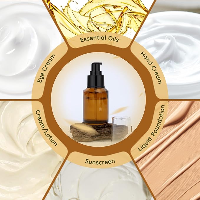 Segbeauty 2oz Refillable Glass Travel Size Empty Bottles, 5pcs Amber Lotion Pump Bottles Empty, 60ml Mini Travel Lotion Container, Small Cosmetic Container Bottle Pump Dispener for Creams Oils Liquids