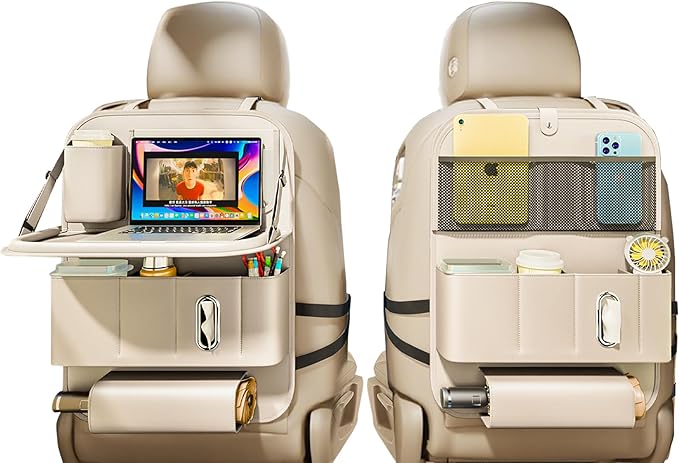 Car Seat Organizers,Multi-functional Back Seat Protectors, Storage Pouches, Child kicking prevention and Tray Holders (for Cars, Kids, Seat Back and Rear Seats) (Beige, 2 Pcs)