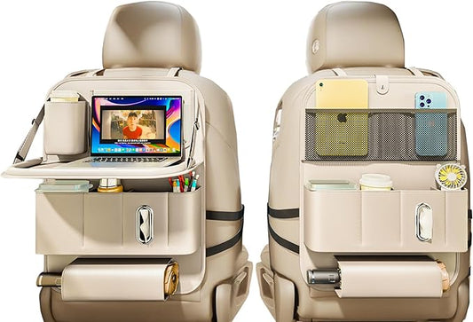 Car Seat Organizers,Multi-functional Back Seat Protectors, Storage Pouches, Child kicking prevention and Tray Holders (for Cars, Kids, Seat Back and Rear Seats) (Beige, 2 Pcs)