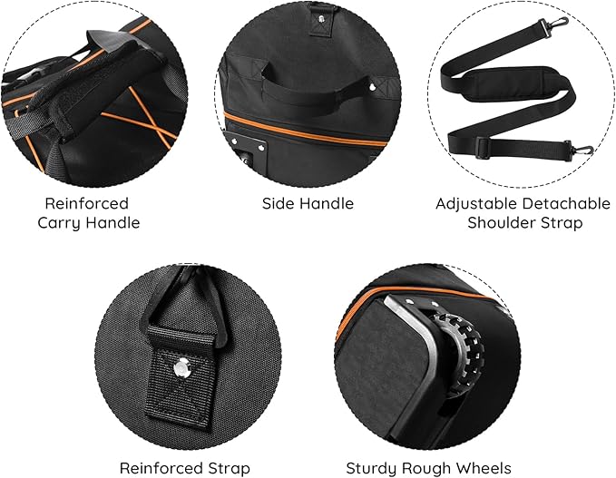 110L/140L Expandable Soft-Sided Foldable Duffle Bag with 2 Rubber Wheels,Packable 32” Rolling Carry-On with Multi-Pockets & Compartments,Black Orange