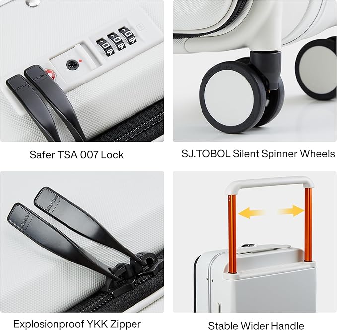 MILADA Wide Handle Carry On Luggage with Front Pocket Hardshell 20 Inch Front Opening Luggage with Spinner Wheels TSA Lock Aluminium Suitcase Airline Approved Carry-On Travel Luggage, White