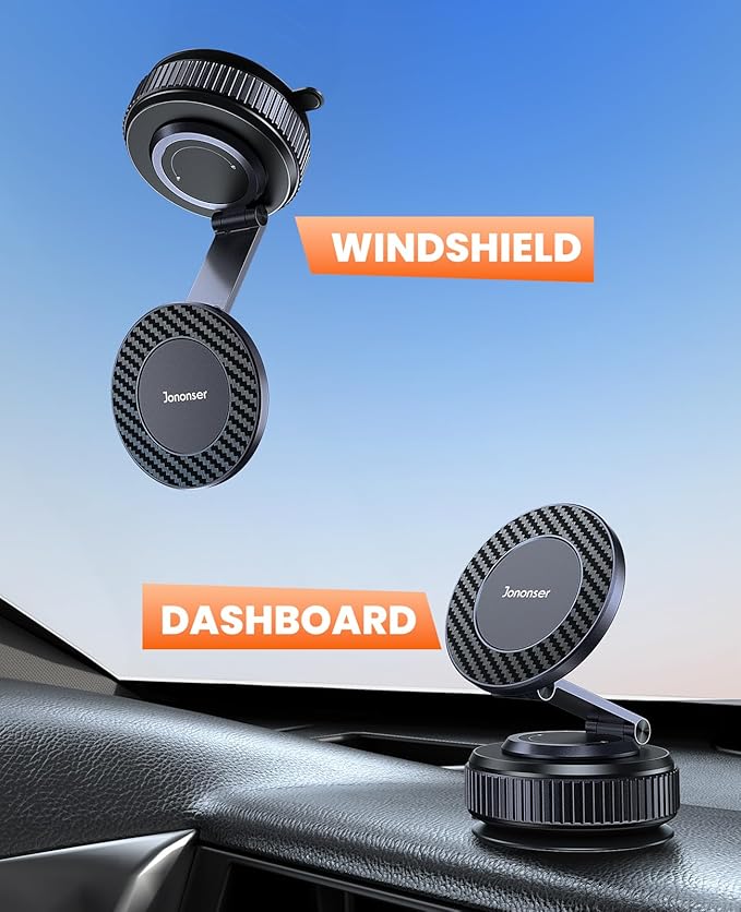 Suction Phone Mount for Car Dashboard/Windshield - 360°Adjustable Magnetic Phone Holder for Car, Foldable Car Phone Holder for iPhone 17/16/15/14/13/12 Series (Carbon Fiber & Aluminum Alloy)