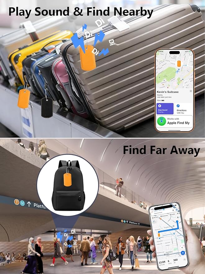 Luggage Tag with Tracker (iOS Only), Premium PU Leather Luggage Tags for Suitcase, Privacy Cover & ID Card Slot, Stainless Loop for Travel Bags, Backpack, Pet Carrier, Ideal Gadgets (Orange)