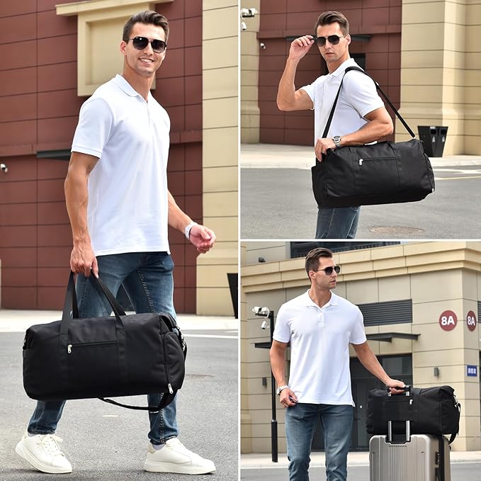 Carry on luaggage 22x14x9 Airlines Approved, Foldable Travel Duffel Bags Weekender Overnight Carry on Duffel Luggage Gym Duffle Bag with Wet Pocket & Shoe Compartment for Women Men(Black, 40L)