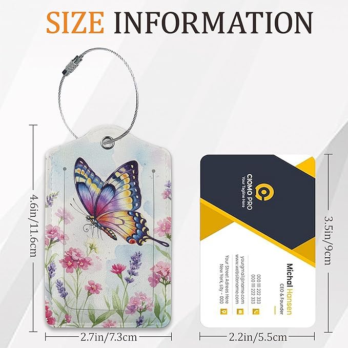 Butterfly Flower 3 Pack Luggage Tag for Suitcase, Leather Bag Tags with Privacy Cover ID Label and Durable Steel Loop for Cruise Airport Travel