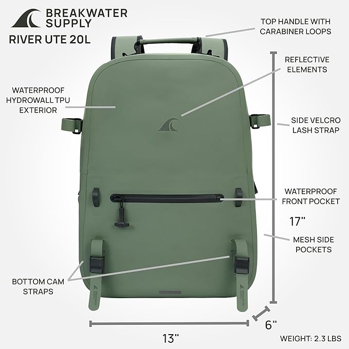 Breakwater Supply™ River Ute Waterproof IP68 Fishing Backpack, Floating TPU Submersible Dry Bag with Padded Hip Belt and Airtight Zippers | 20L (River Ute 20L Marsh Green)