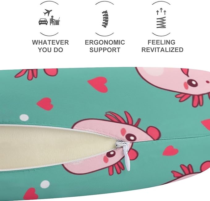 Men’s Comfort U-Shaped Neck Pillow Memory Foam Travel, Axolotls Hearts and Bubbles Green U-Shape, Breathable Car Airplane Support