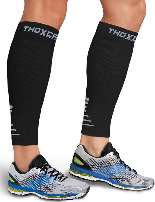 Thoxcare Calf Compression Sleeve for Men Women (1 Pair), Leg Support Footless Compression Socks for Running - Shin Splint Varicose Veins Swelling & Pain Relief, Black/Gray, Medium