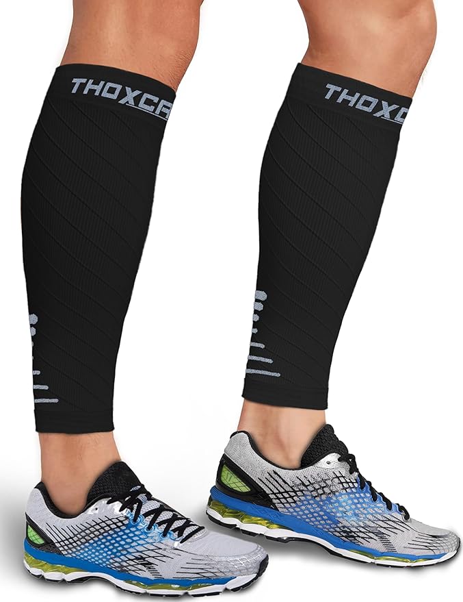 Thoxcare Calf Compression Sleeve for Men Women (1 Pair), Leg Support Footless Compression Socks for Running - Shin Splint Varicose Veins Swelling & Pain Relief, Black/Gray, Small