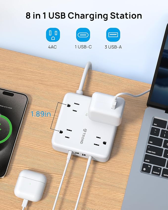 TROND 2 Prong Power Strip: 1440J Surge Protector, 5ft Extension Cord with Multiple AC Outlets & USB Ports, Wall Mount Adapter for Non-Grounded Plug, White