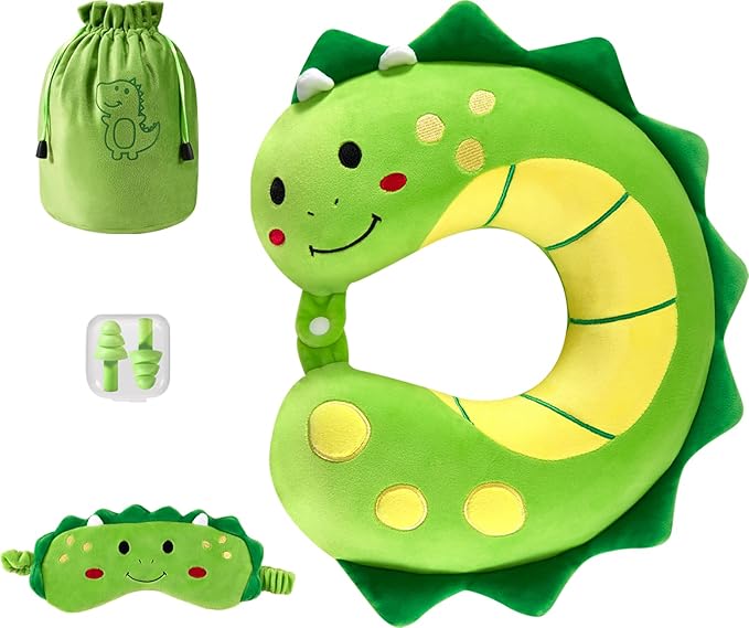 Travel Neck Pillow for Kids, Dinosaur Memory Foam Pillow with Cute Sleep Mask & Earplugs, Lightweight Travelling Pillow Set for Airplane, Car, Train, Bus and Home Use (Green)