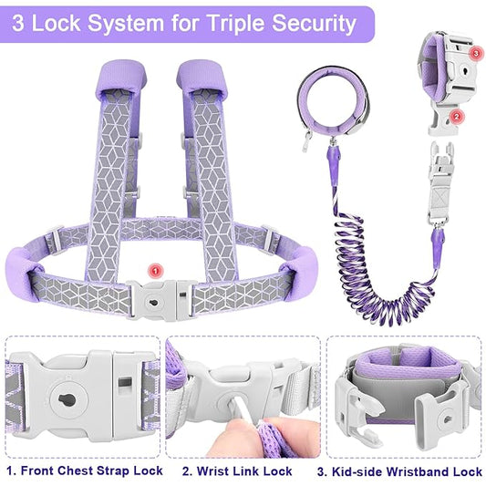 Accmor 3 in1 Toddler Harness Leash, Reflective kid Harness with Anti Lost Wrist Link, Harness Leash for Toddlers, Child Walking Harness kids Leash Wristband Rope Belt with Lock for Baby Girls (Purple)