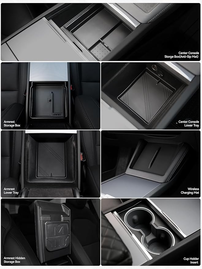 7PCS Center Console Organizer Tray for 2024 2025 Tesla Model 3 Accessories, Armrest Hidden Storage Box Cup Holder Charger Pad for Tesla Model 3 Highland