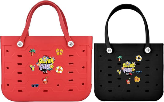 2-Piece Tote Bag Set, Waterproof Rubber Beach Bag with Summer Pattern, Medium & Large Handbag for Pool, Beach, Boat