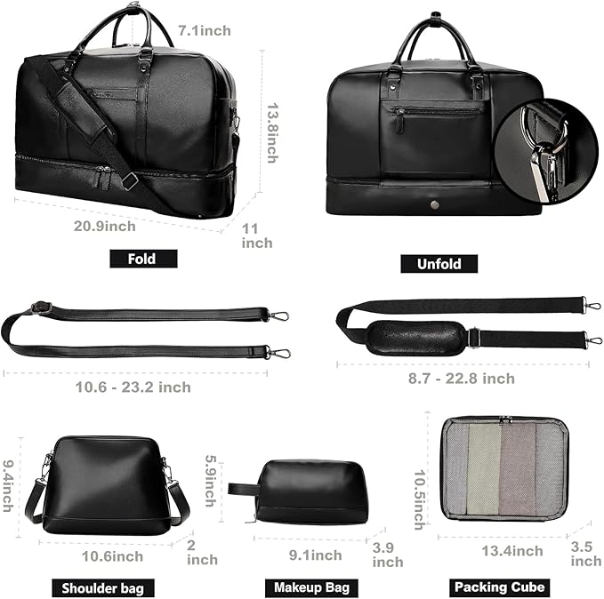 4PCS Leather Duffle Bags, Weekender Bag for Women Men, Large Travel Duffel-Overnight Bag with Toiletry, Makeup, Shoulder Bag, Faux Leather Carry On with Shoe Compartment (Black)