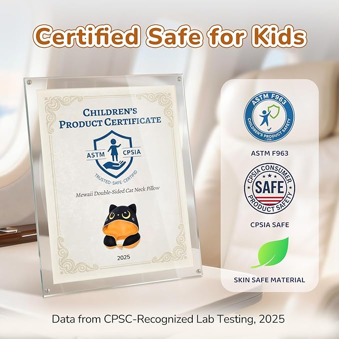 Certified to ASTM & CPSIA Standards–Kids Travel Neck Pillow with Hood,Memory Foam Airplane Pillow,Double-Sided, Cute Design, Cooling Ice Silk & Soft Plush, Adjustable, Portable & Washable for Flights