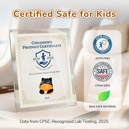 Certified to ASTM & CPSIA Standards–Kids Travel Neck Pillow with Hood,Memory Foam Airplane Pillow,Double-Sided, Cute Design, Cooling Ice Silk & Soft Plush, Adjustable, Portable & Washable for Flights