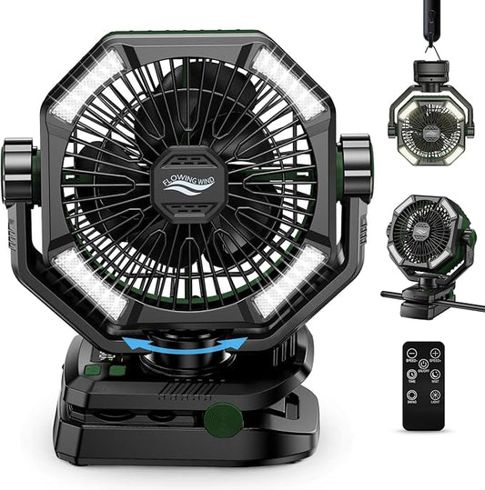 coldSky Camping Fan with Dual Motor, 20000mAh Clip On with Digital Display, 9-Inch Portable Battery Operated with LED Lantern, Tent Fan for Camping with Remote, 5 Speeds, 4 Timing, Outdoor Green