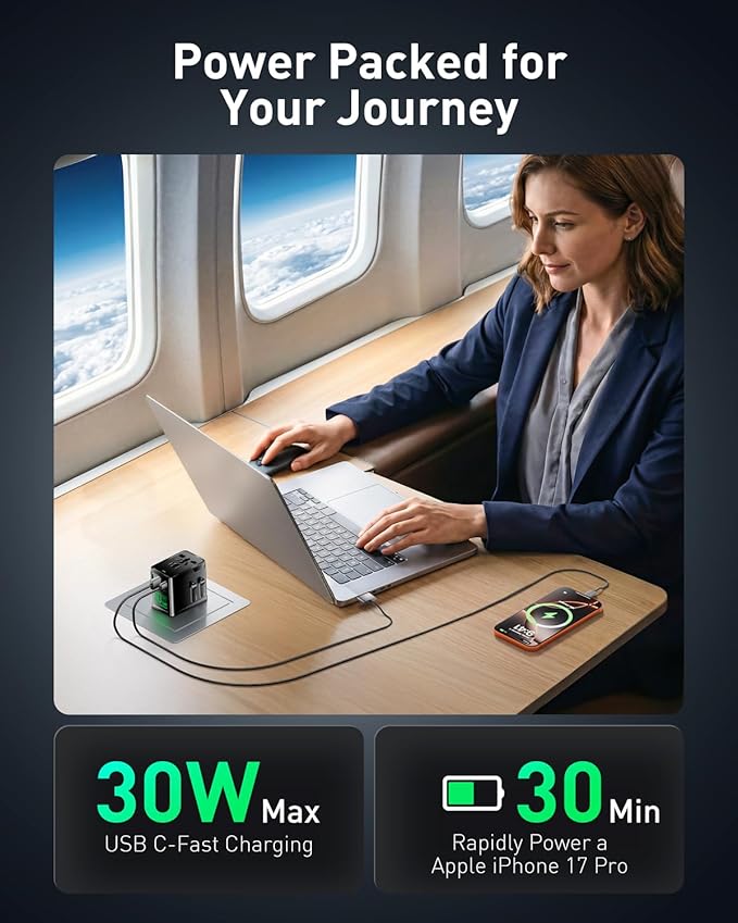 Tiny Universal Travel Adapter, 30W GaN Fast Charging International Power Adapter with 4 Ports (1 AC, 1 USB-A, and 2 USB-C), Plug Adapter with Smart Chip for Over 200 Countries, PD&QC Charger