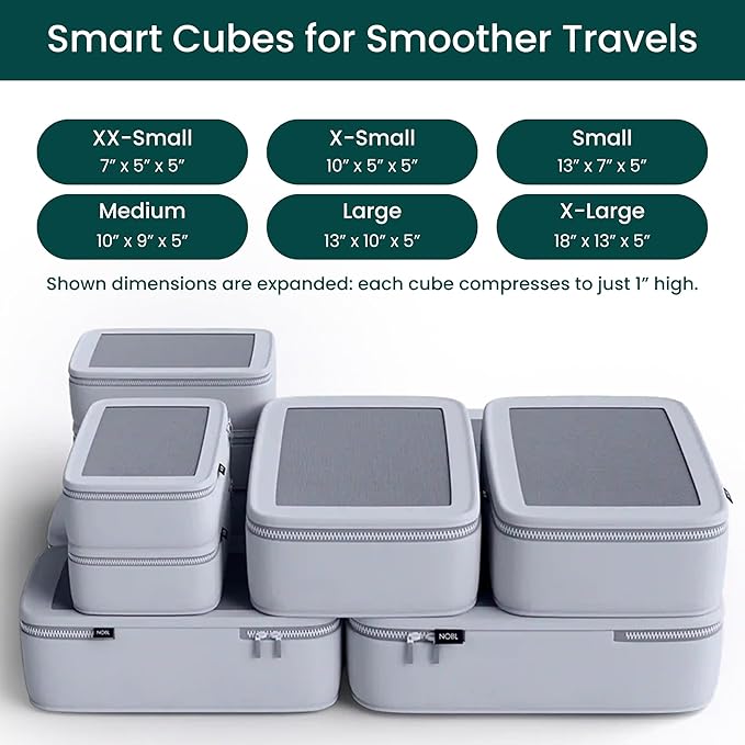 Nobl Travel Compressible Packing Cubes Set, 6 Pieces Travel Packing Organizers, Compression Luggage Cubes for Suitcases & Carry On, Space Saving (XXS, XS, S, M, L, XL) - Cloud