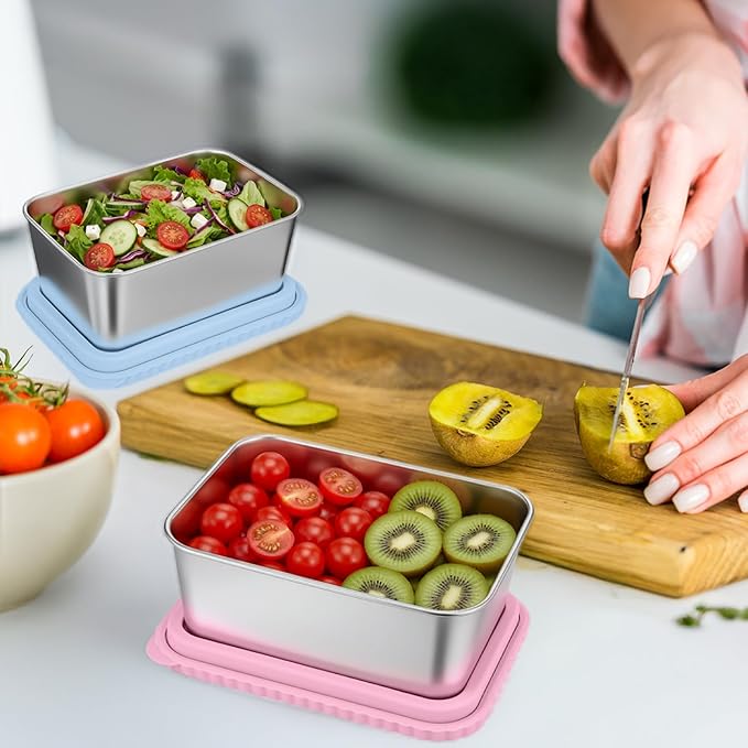 Acellegic Stainless Steel Snack Containers with Silicone Lids, 15 oz Reusable Food Storage Deli Containers for Meal, Leak Proof, Easy Open BPA Free Daycare and School(Blue, Pink,2 Pack)