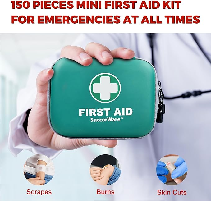 150 Pieces Mini First Aid Kit - Small Medical Kit with Hard Shell - Emergency First Aid Kit for Car, Travel, Home, Outdoor, Office, Camping, Hiking (Green)