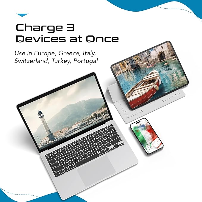 Ceptics European Plug Adapter, Safe USB-C 30W PD & QC 3.0-2 USA Socket - Compact & Powerful - Use in Greece, Italy, Switzerland, Turkey, Portugal - Includes Type C Swadapt Attachment