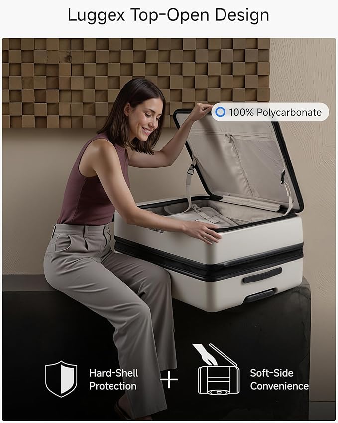 LUGGEX Checked Suitcase Top Opening, FLT Expandable Polycarbonate Hard Shell Suitcase with Wheels (FLO-Lite, Beige, 28 Inch, 105L-115L)