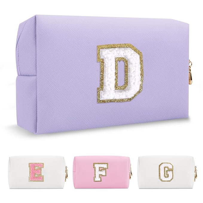 Personalized Makeup Bag Initial A-Z Preppy Patch Bag,Small PU Leather Travel Cosmetic Bag Pouch with Zipper,Purple Cute Toiletry Bag,Gift Ideal for Teen Girls Women Birthday Friend Mom,Latter D