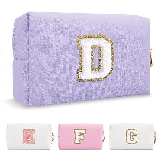Personalized Makeup Bag Initial A-Z Preppy Patch Bag,Small PU Leather Travel Cosmetic Bag Pouch with Zipper,Purple Cute Toiletry Bag,Gift Ideal for Teen Girls Women Birthday Friend Mom,Latter D
