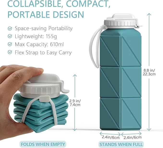 Collapsible Water Bottles with Straw 20.6oz, Silicone Foldable Portable Water Bottle, BPA-Free, Leakproof Reusable for Travel Camping Hiking Sports, 4 Pack (Black+Dark Blue+Blue+Pink)
