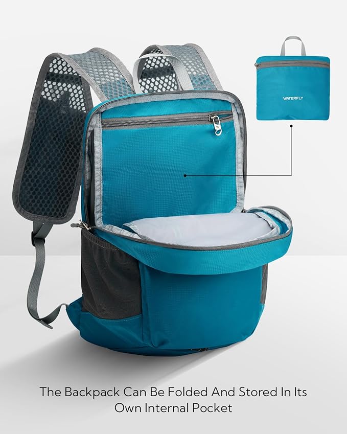 WATERFLY Packable Lightweight Small Backpack: 15L Foldable Mini Hiking Daypack - Ultralight Compact Day Pack for Women Men Outdoor Travel Camping Walking - Blue