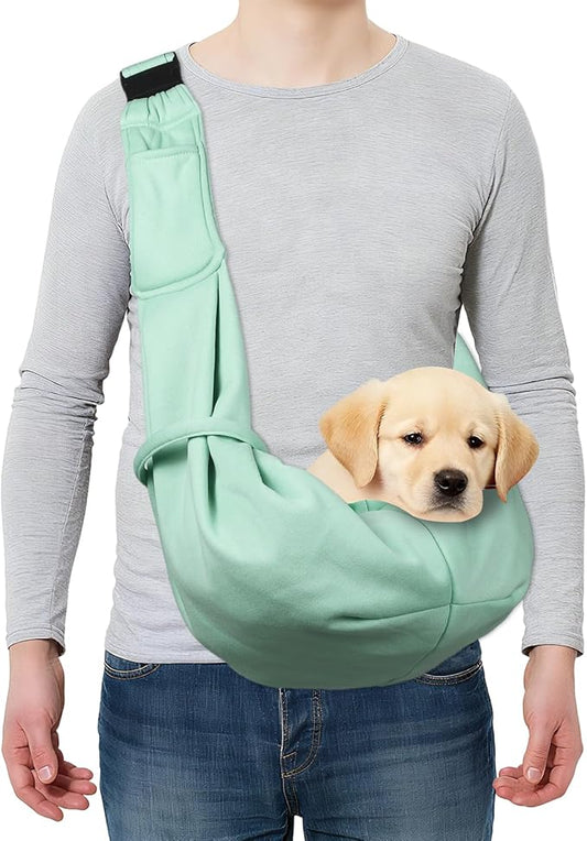PETAXCELL Dog and Cat Sling Carrier Up to 16.5 Lbs, Hand-Free Reversible Pet Sling Carrier with Adjustable Strap and Pocket, (Green, 1 Pcs) Intended for Hiking/Camping/Traveling