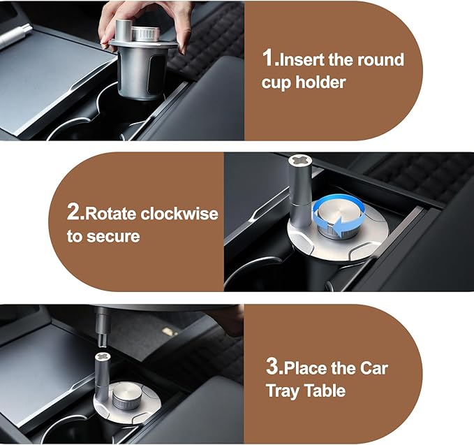Car Tray Table & Car Desk for Laptop with 2 Risers and Anti-slip Pad, 360° Rotating Cup Holder for Working and Eating Compatible with Tesla Model 3/Y/S/Ensure The Cup Holder is Round/Brown
