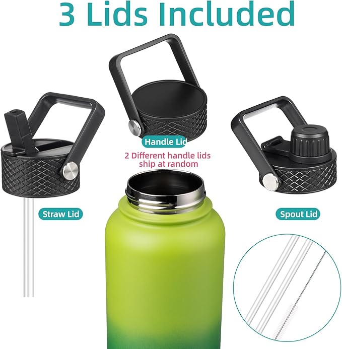 40oz Insulated Water Bottle Stainless Steel Sport Bottles with 3 Lids,Bamboo Grove