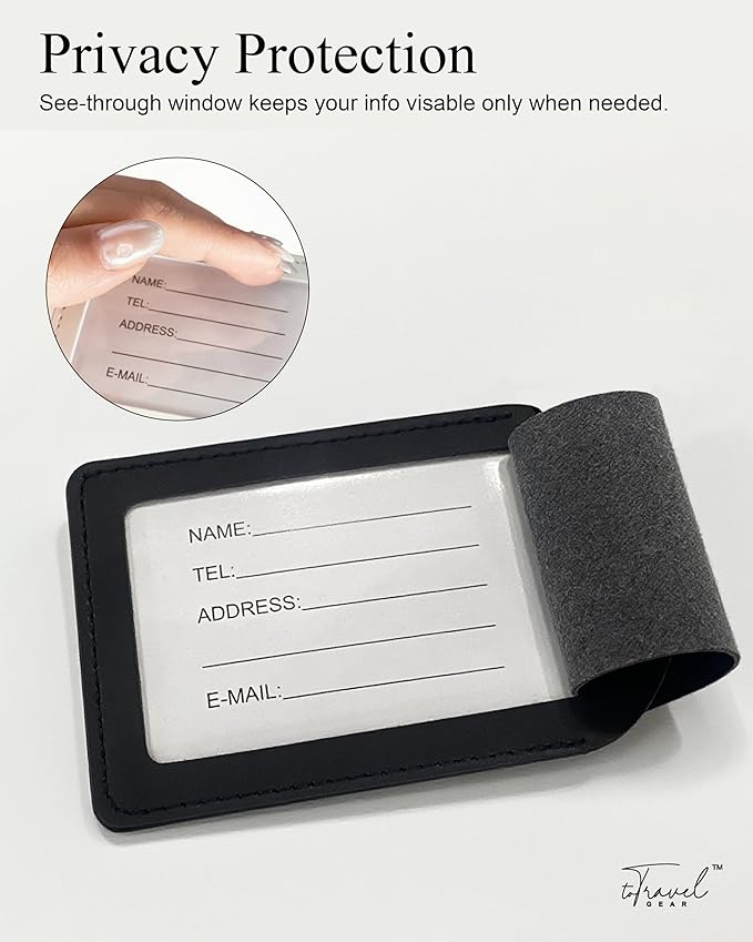 Luggage Tags for Suitcases,2 Pack PU Leather Privacy Protection Bag Tags Travel Accessories Essentials,Black