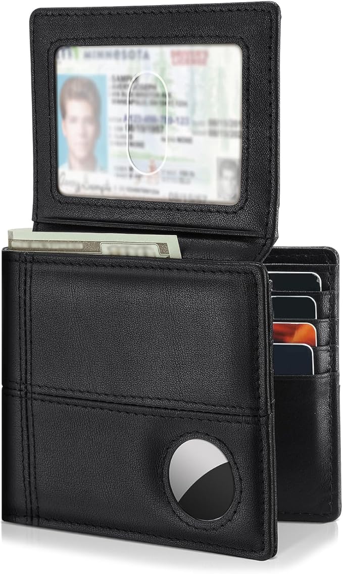 Mens Wallet With AirTag Holder, Bifold Leather RFID Blocking 1-2 ID Windows 12-13 Card Holders, Gift Box and Screen Protector Included, AirTag Not Included