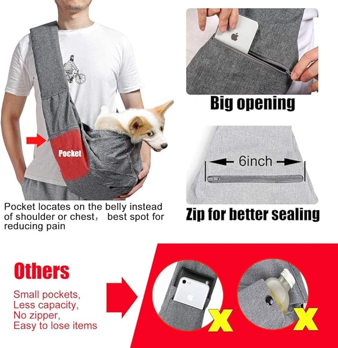 AOFOOK Dog Cat Sling Carrier Adjustable Padded Shoulder Strap with Mesh Pocket for Outdoor Travel (Grey, L - 8 to 15 lbs)