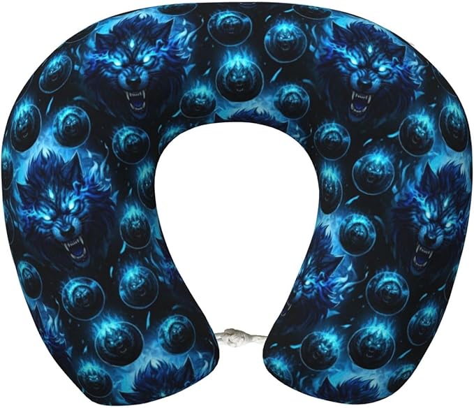 Breathable Neck Pillow for Sleeping Rest Nap Angry Wolf Blue, Airplanes/Car/Home Memory Foam Travel Cushion with Polyester Cover Washable for Women Men