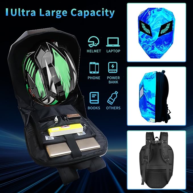 Motorcycle Backpack with LED Eyes, DIY Laptop Backpack for Riding, Cycling, Travel, Waterproof Hard Case Motorbike Bag, Large Size 19" SBlue