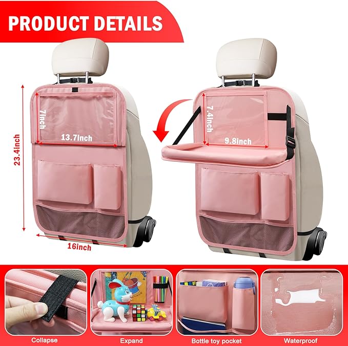 2Pack Car Backseat Organizer with Foldable Table Tray,6 Storage Pockets Car Storage Organizer with Tablet Holder,Car Seat Back Protectors Kick Mats Travel Accessories (Pink)