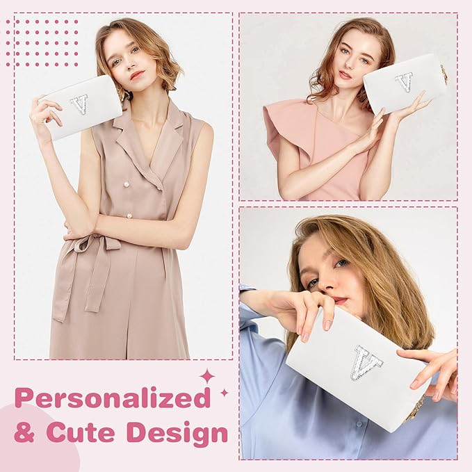 Bride Gifts – Personalized Initial Makeup Bag with Pearl Rhinestone Patch, Preppy White Monogram Cosmetic/Toiletry Pouch, bridesmaid Gifts, Bridal Shower Gifts, Wedding Gifts, Bridal Gifts,V