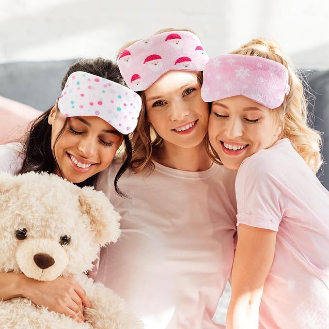 Cuffbow 6 Pcs Plush Sleep Eye Mask Silk Furry Eye Covers for Sleeping Cute Sleep Mask Fluffy Comfortable Sleeping Blindfold for Travel Sleepover Nap Party Supply Women(Christmas,Pink)
