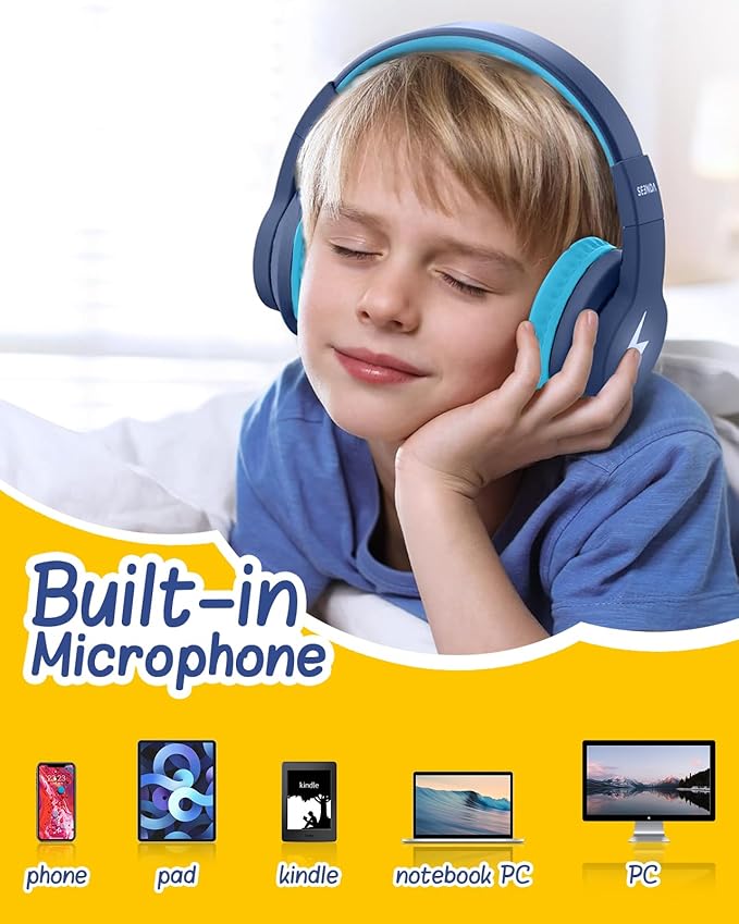 seenda Kids Bluetooth Headphones, JCH-01 Kids Wireless Headphones for School, 85/94dB Volume Limited, 45H Playtime, 3 Lighting Modes, Built-in Mic Headset with Aux Cord for iPad/Tablet, Dark Blue