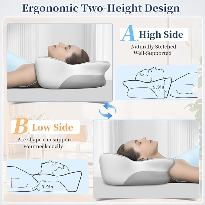 Cervical Neck Pillow, Side Sleeper Pillows, Cooling Ergonomic Neck Support Pillow for Neck Pain Relief, Orthopedic Contour Memory Foam Pillows for Side Back & Stomach Sleepers