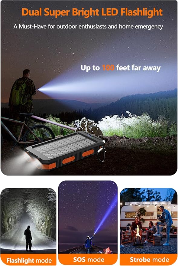 Power Bank 38800mAh Solar Portable Charger with USB-C Fast Charging Compatible with iPhone, Samsung, with 2 LED Flashlights and IPX5 Waterproof External Backup Battery Pack Perfect for Camping, Hiking