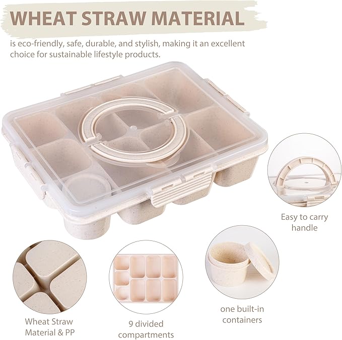 Wheat Straw Snackle Box Container,Dishwasher Safe-9 Compartment Divided Serving Tray with Lid and Handle, Built-in Dip Containers,BPA-Free,White