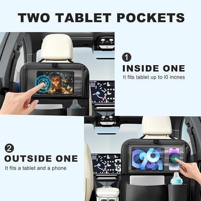 Car Backseat Organizer with Tablet Holder,6 Storage Pockets Car Storage Organizer with Foldable Food Tray,Kick Mats Backseat Protector Travel Accessories (Black)