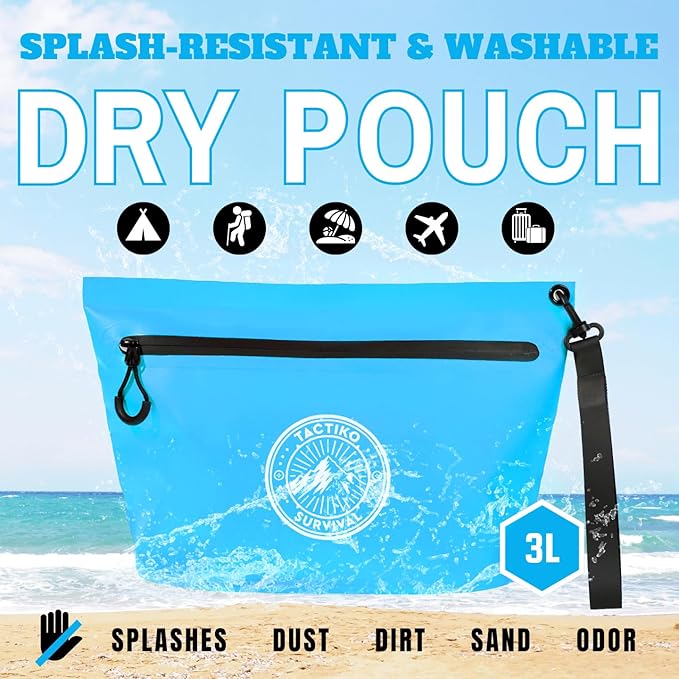 Tactiko 3L Water Resistant Pouch - Waterproof Material w/Splashproof Zipper - Hold All Zipper Bag for Storage, Toiletries,Travel, Beach, Cruise, Home (Blue)