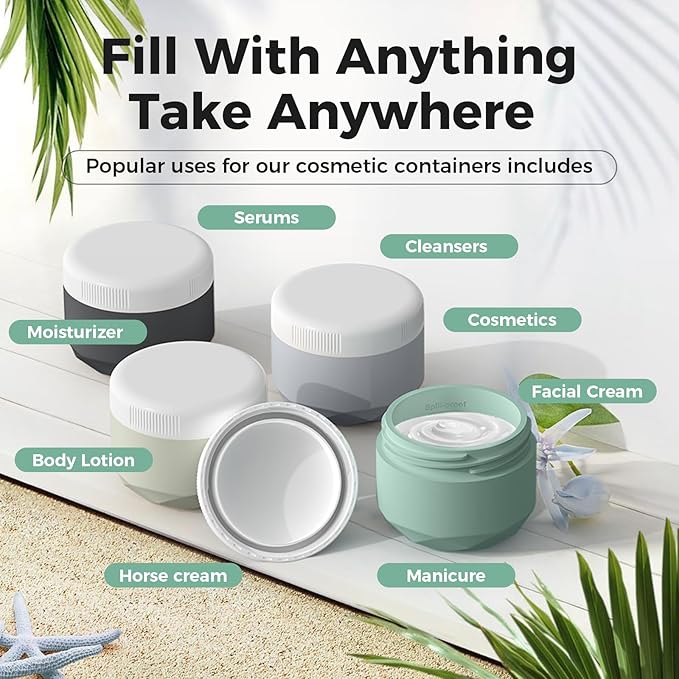Travel Containers for Toiletries, 4-Pack TSA Approved Silicone Jars (1.7oz) - BPA Free Leakproof Cosmetic Containers for Creams, Lotion, Skincare & Makeup with Bonus Waterproof Bag